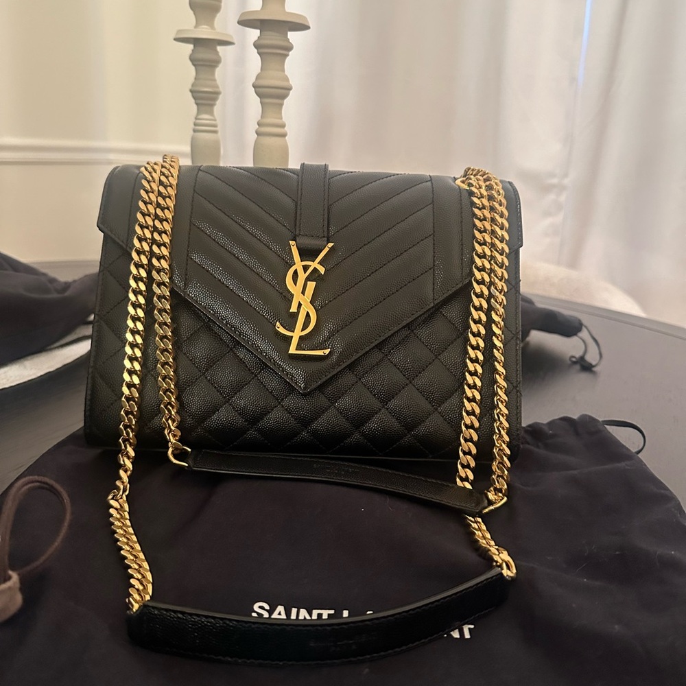 Saint Laurent Black Quilted Shoulder Bag with Gold Chain